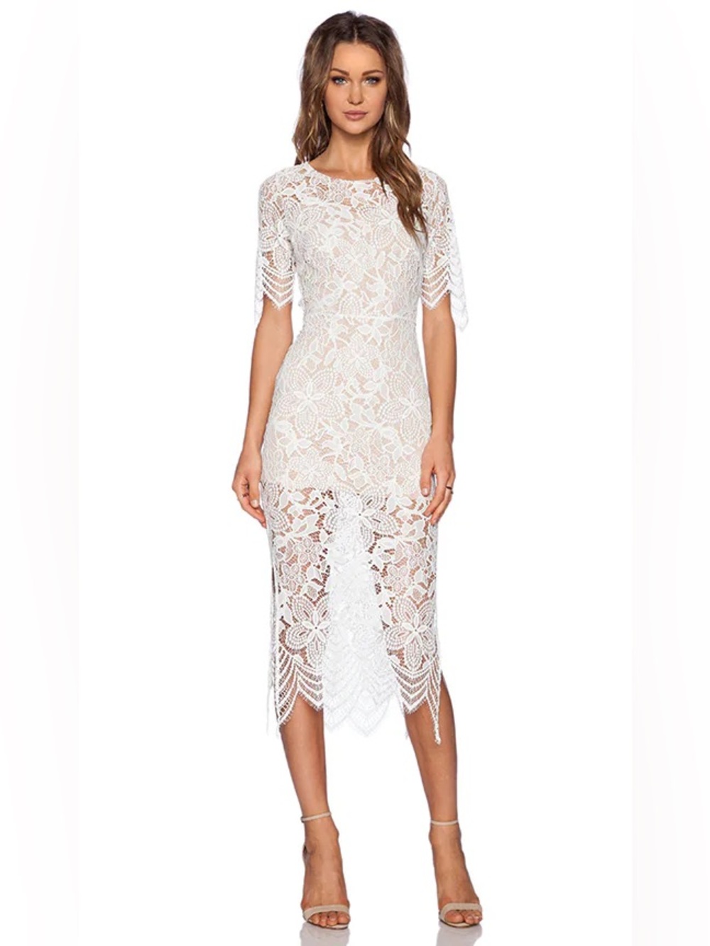 For Love and Lemons Luna Midi Lace Sheath Midi Dress in White